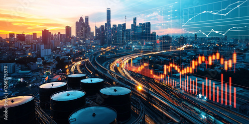 Aerial view of bustling cityscape with oil barrels and financial graphs overlay