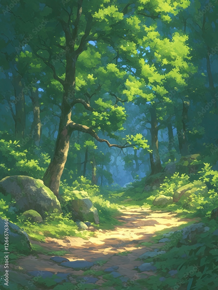 Fototapeta premium Forest path at dusk, sun rays filter through trees, nature scene, travel, background