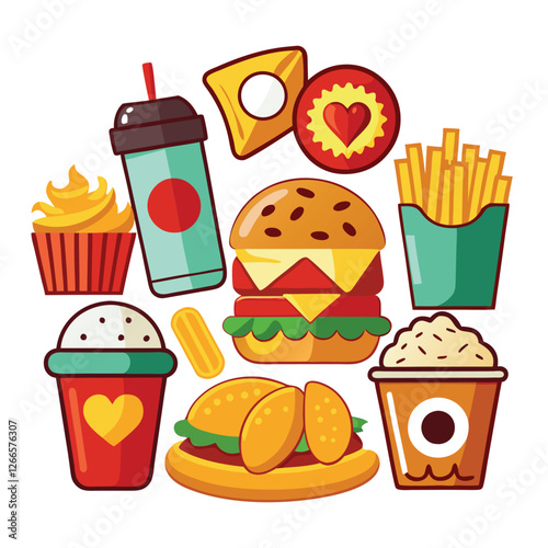 Colorful Fast Food Icons Set for Restaurant or Cafe