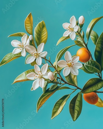 Branch of fragrant orange blossoms with fresh green leaves against a vibrant background