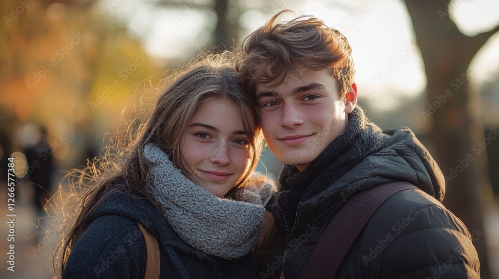 Fototapeta premium A young man and woman are smiling for the camera. Generative AI