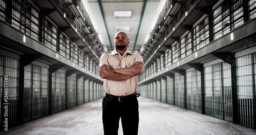 Принти на полотні Focused and stoic African American police officer behind prison