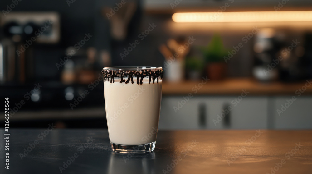 Creamy milk in glass with chocolate rim, perfect for dessert Creamy milk in glass with chocolate rim, perfect for dessert