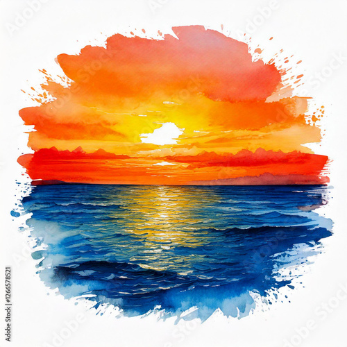 Watercolor spot stroke reminiscent of sunset on the sea on a white background