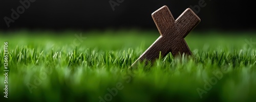 Wooden Cross Symbol in Green Grass Still Life Imagery photo