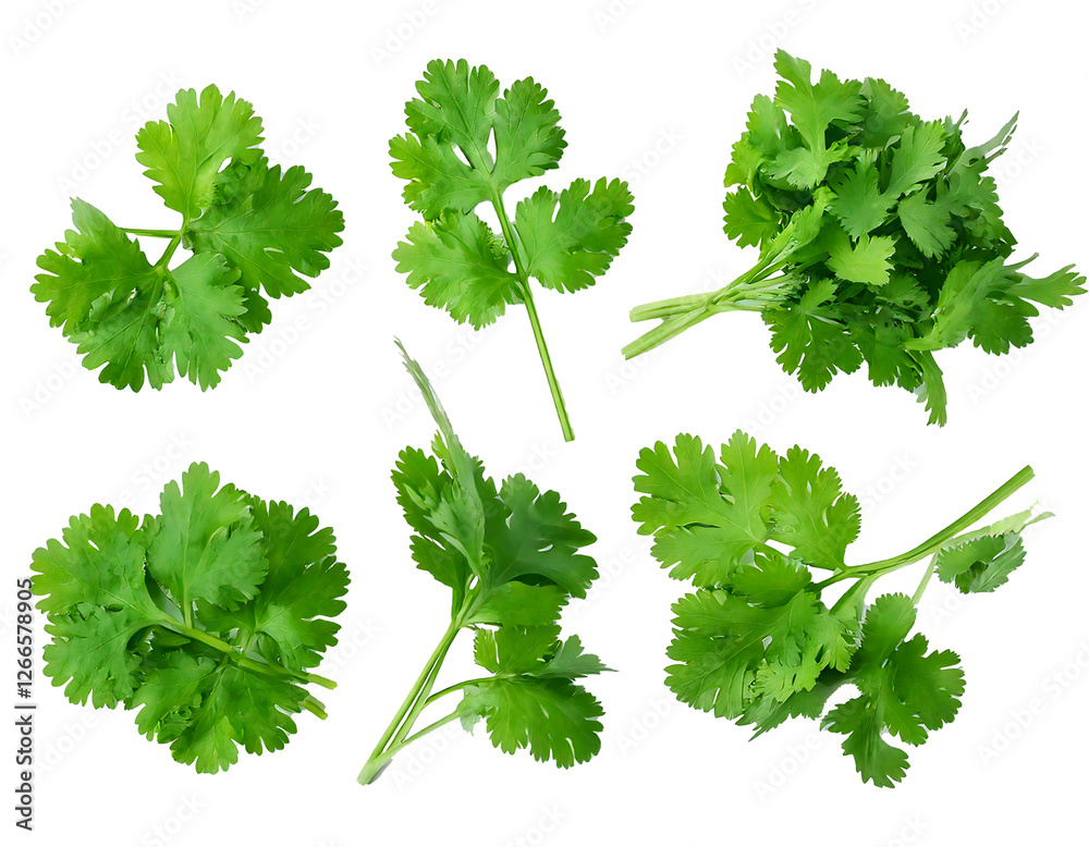 Top view set of fresh green coriander or Chinese parsley leaves is isolated on transparent background Top view set of fresh green coriander or Chinese parsley leaves is isolated on transparent background