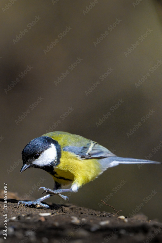 Fototapeta premium A tit bird landing on the ground