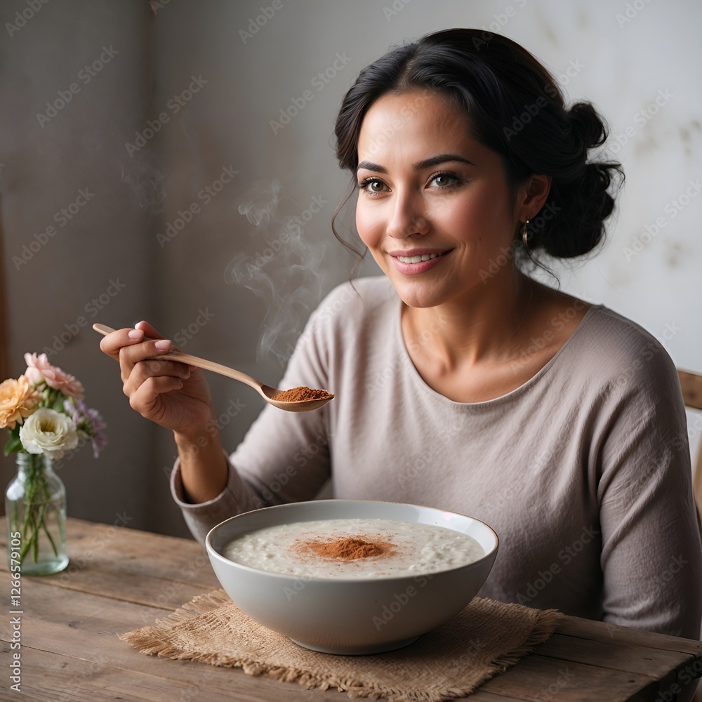 Hispanic woman with warm, golden-brown skin and dark hair styled in loose, curly waves, sits comfortably with a gentle smile, savoring a steaming hot bowl of creamy rice gruel Hispanic woman with warm, golden-brown skin and dark hair styled in loose, curly waves, sits comfortably with a gentle smile, savoring a steaming hot bowl of creamy rice gruel