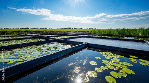 A large fish farm with rectangular black steel tanks filled with water and lily pads. In the background, there is green grass and a blue sky. photo