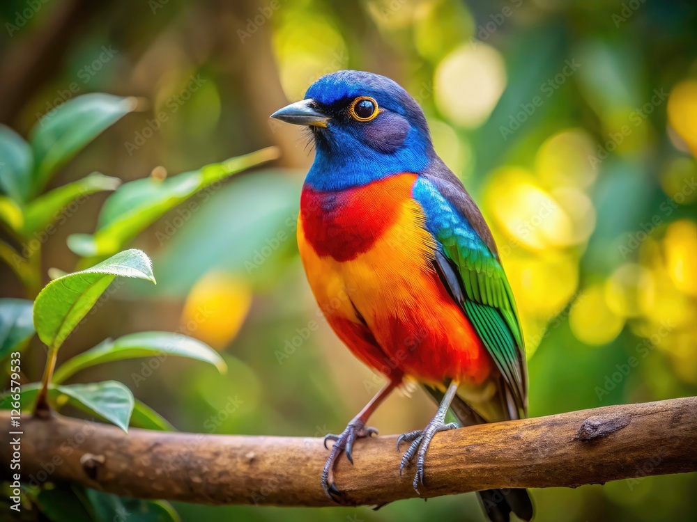 Obraz premium Capturing avian beauty: nature photography showcasing forest birds in their treetop habitat, promoting wildlife conservation.