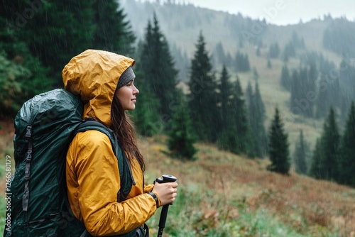 Mujer aventurera con chaqueta impermeable y mochila haciendo senderismo bajo la lluvia en un bosque montañoso, disfrutando la naturaleza y el aire libre