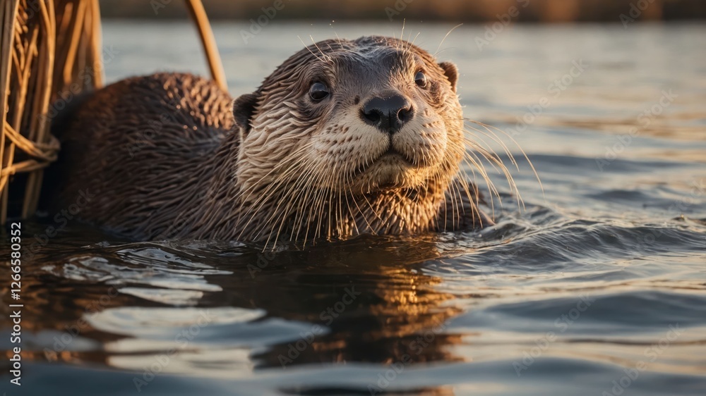 A close-up of an otter swimming in calm water, showcasing its playful nature. A close-up of an otter swimming in calm water, showcasing its playful nature.