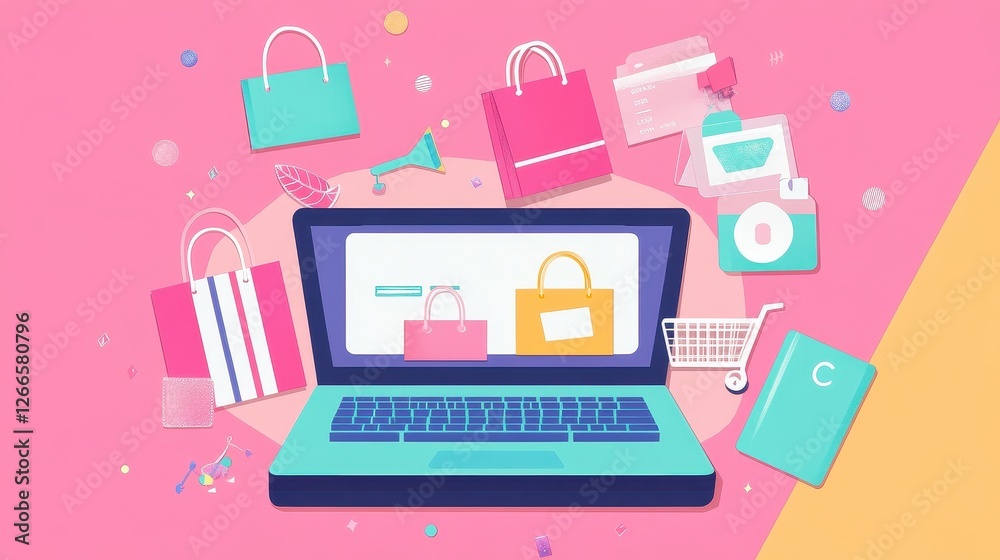 Online shopping flat design top view digital marketing theme animation colored pastel. Online shopping flat design top view digital marketing theme animation colored pastel.