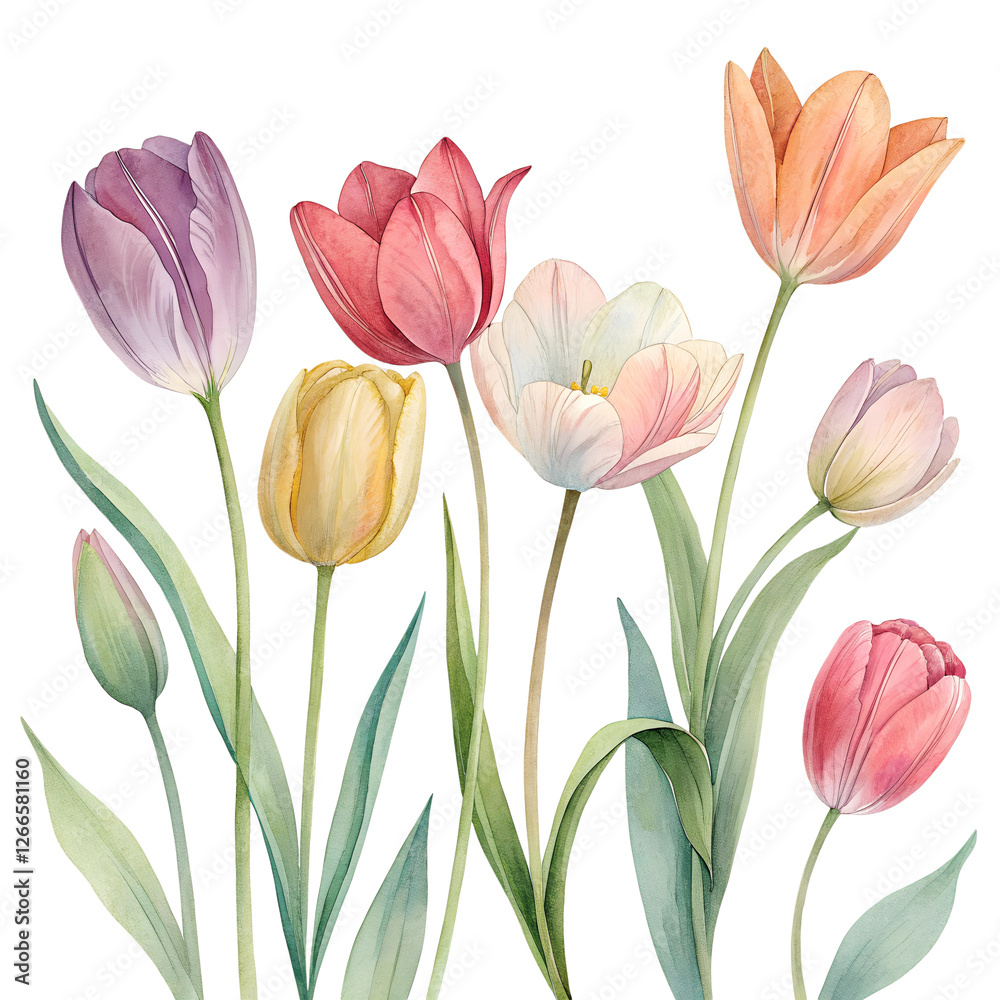 Fototapeta premium Watercolor Tulip Garden Vibrant Spring Florals