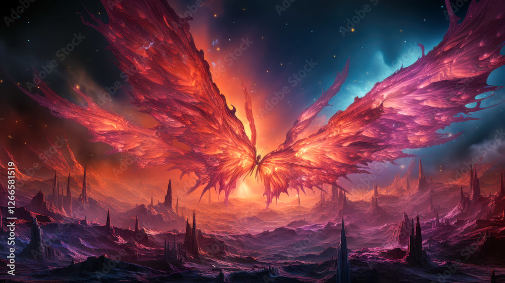 Obraz premium Majestic sentient nebula with cosmic wings soaring through the vastness of space, illuminating the void with vibrant colors and celestial energy