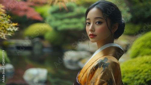 Photograph an elegant young woman with mixed Korean and Japanese heritage, dressed in a modern fusion of traditional hanbok and kimono, standing gracefully in a serene Japanese garden.