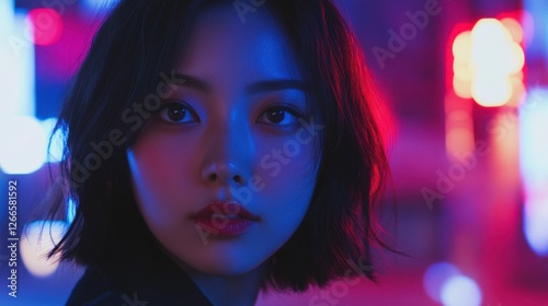 Shoot a candid street-style photo of a stylish half-Korean, half-Japanese woman in Tokyo, her radiant beauty enhanced by the neon city lights reflecting in her eyes.