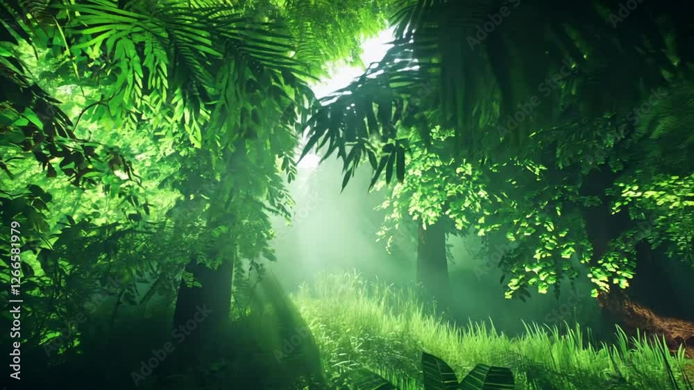 A beautiful sunlit green forest with rays of light streaming through dense tree canopies. A beautiful sunlit green forest with rays of light streaming through dense tree canopies.