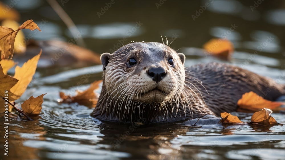 A playful otter surrounded by autumn leaves in a tranquil water setting. A playful otter surrounded by autumn leaves in a tranquil water setting.