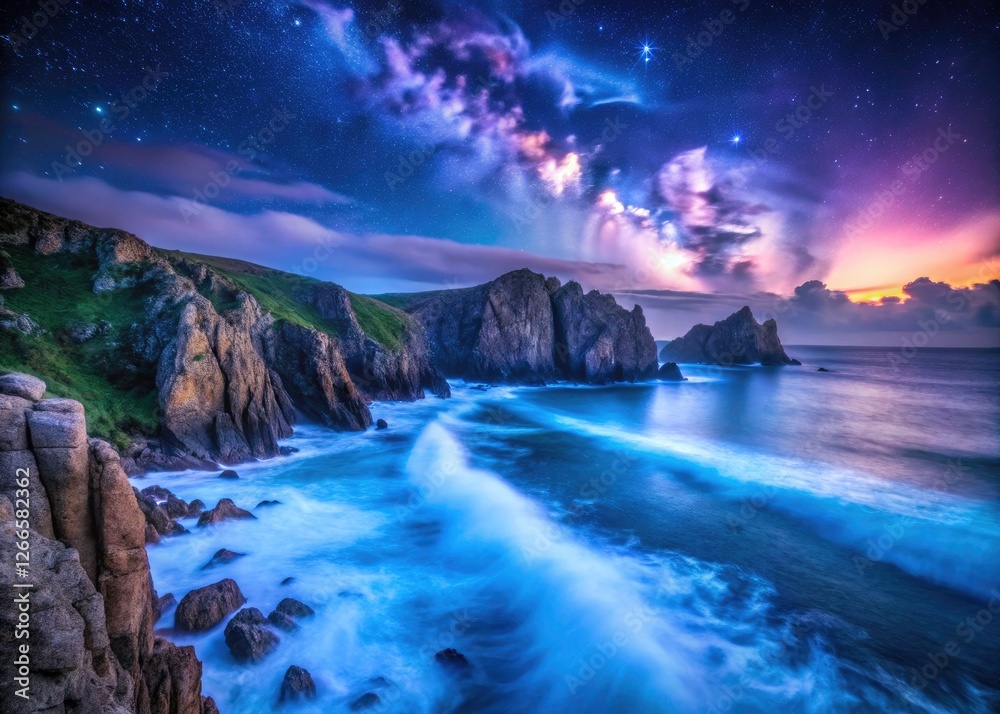 Naklejka premium Cornwall's Porthcurno coastline explodes with dramatic, low-light seascape magic at night.