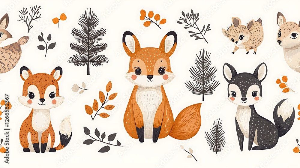 Fototapeta premium Cute woodland animals autumn design, forest foliage background, kids craft