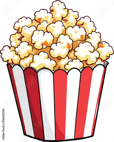 Vsai delicious popcorn overflowing from classic red and white striped container