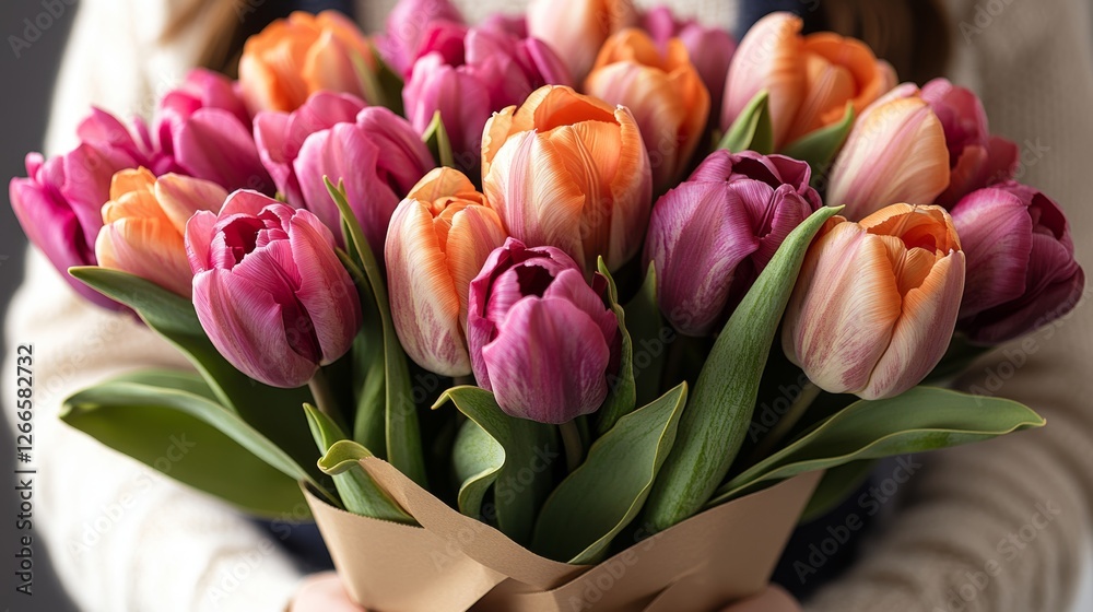 Obraz premium Woman holding a bouquet of pink and orange tulips wrapped in kraft paper.