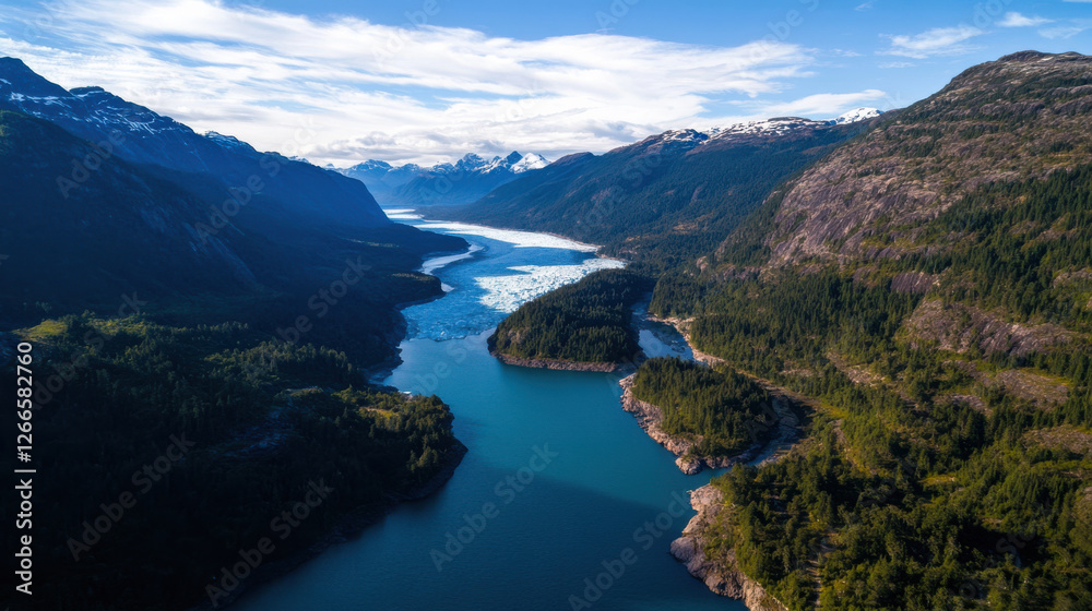 Aerial view of river flowing through mountainous landscape Aerial view of river flowing through mountainous landscape