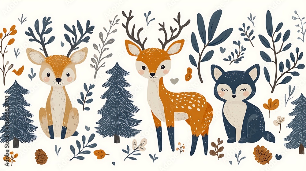Naklejka premium Cute woodland animals autumn design, forest foliage, seasonal greeting card