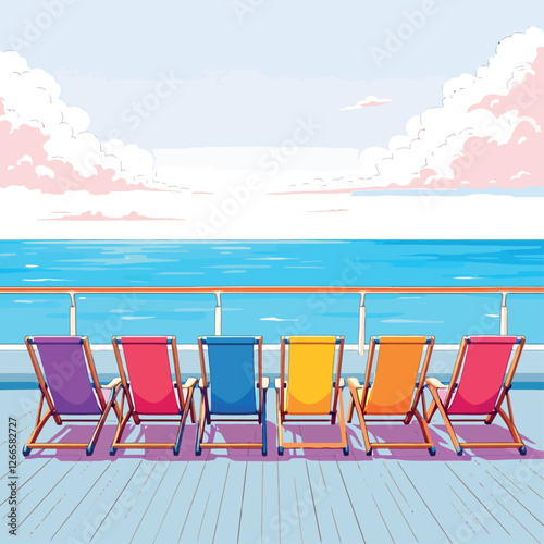 Vsai colorful deck chairs await passengers on cruise ship deck at sunset