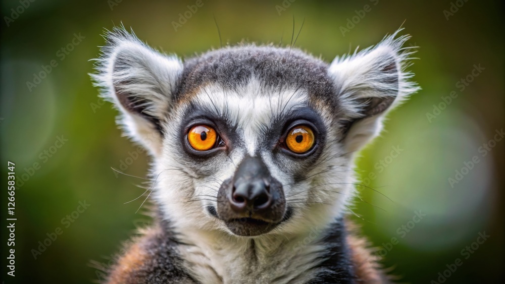 Obraz premium A captivating close-up portrait of a ring-tailed lemur, showcasing its striking amber eyes and distinctive facial features against a softly blurred natural backdrop.