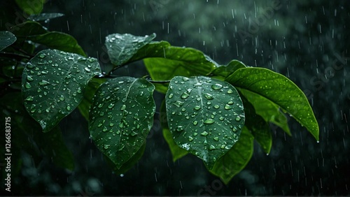 Emerald canopy drenched, A botanical study in rainfall's embrace