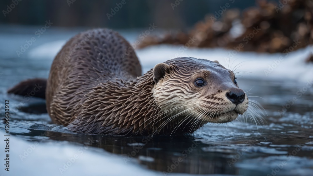 An otter swimming in a serene, icy environment. An otter swimming in a serene, icy environment.