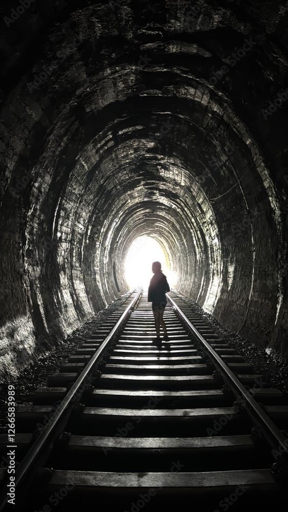 Obraz premium a person walking on a dark grey train tunnel with light at the end