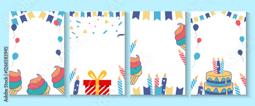 Happy birthday greeting card poster collection set, Birthday greeting template design with cupcake and colorful balloons decoration elements for party invitation card background.