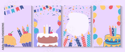 Happy birthday greeting card poster collection set, Birthday greeting template design with cupcake and colorful balloons decoration elements for party invitation card background.