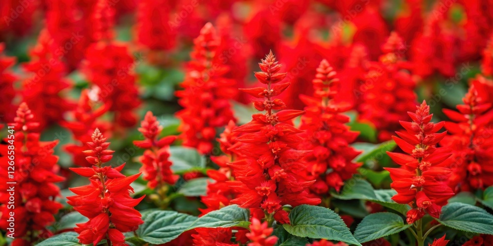 A vibrant field of scarlet flowers, exhibiting a rich tapestry of intense red hues and lush green foliage, creating a captivating floral display A vibrant field of scarlet flowers, exhibiting a rich tapestry of intense red hues and lush green foliage, creating a captivating floral display