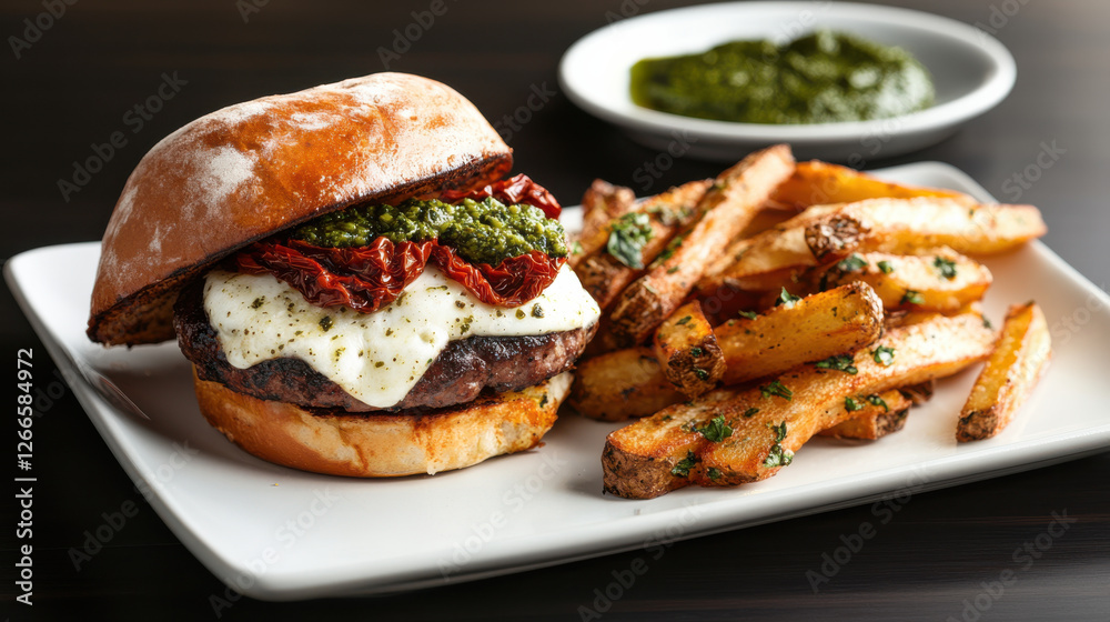 Italian style burger with mozzarella and sun dried tomatoes Italian style burger with mozzarella and sun dried tomatoes