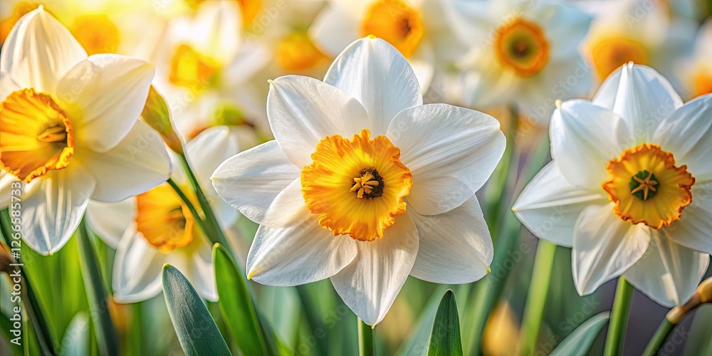 Fototapeta premium Delicate white and yellow narcissus bloom, a spring macro detail.