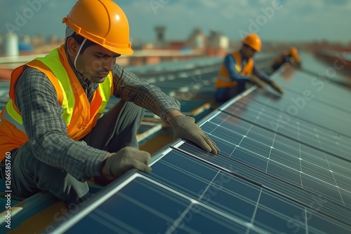 Indian Workers Installing Solar Panels for Renewable Energy on a Rooftop