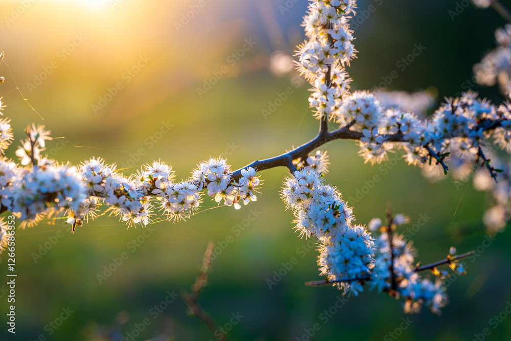 Rising morning sun with blooming flowers in spring Rising morning sun with blooming flowers in spring