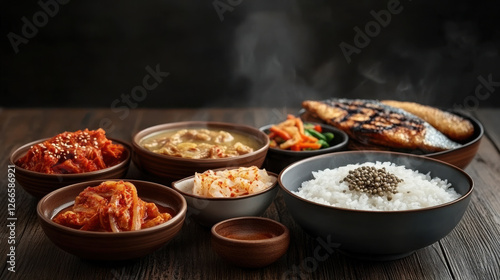 Delicious Korean breakfast with rice, kimchi, and fish