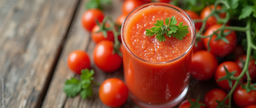 Fresh tomato juice on a wooden rustic background.