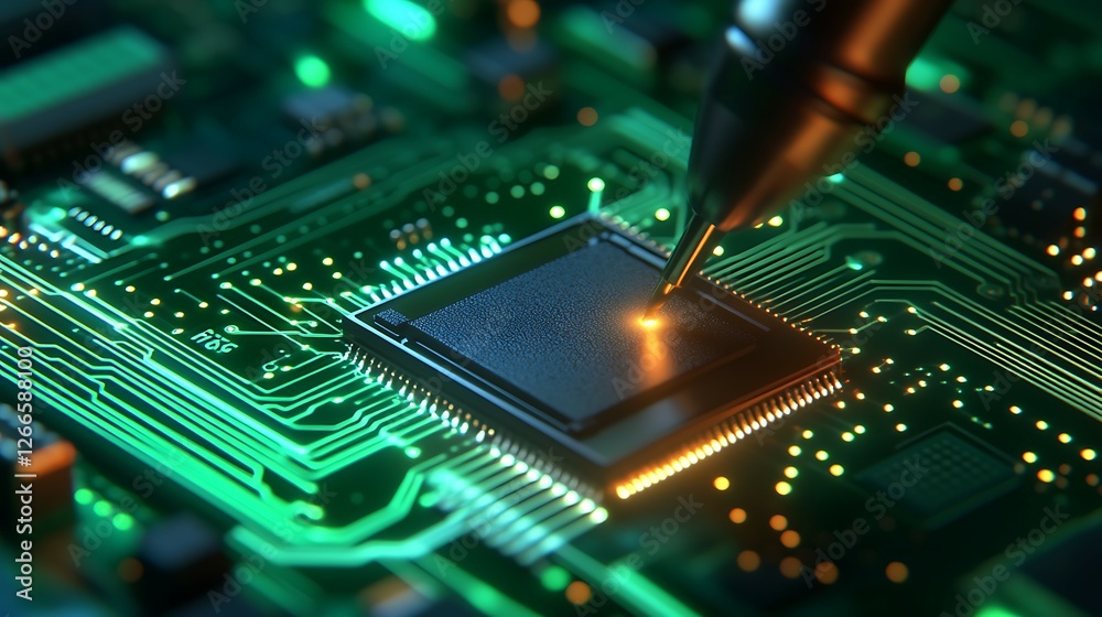 Obraz premium Closeup of electronic circuit board with soldering iron and microchips