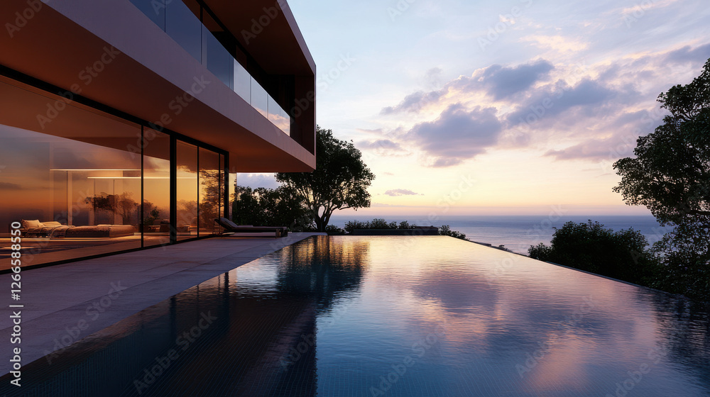 Luxurious modern mansion with infinity pool at sunset Luxurious modern mansion with infinity pool at sunset