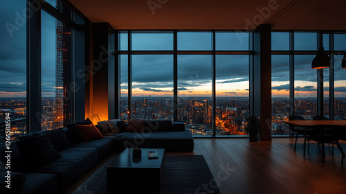 Luxurious modern penthouse with stunning city skyline view
