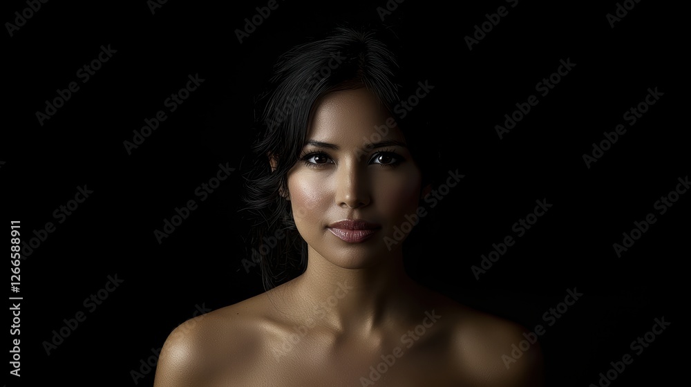 Radiant beauty portrait showcasing healthy skin on black background Radiant beauty portrait showcasing healthy skin on black background