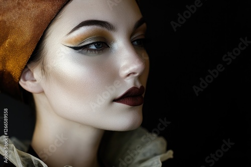 Elegant portrait showcasing refined makeup and dramatic hairstyl photo