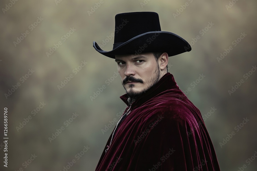 Mysterious figure in elegant cloak, exuding charisma and confide Mysterious figure in elegant cloak, exuding charisma and confide
