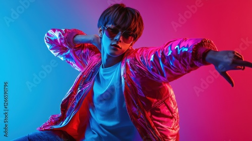 Futuristic kpop dancer in y2k fashion on led stage